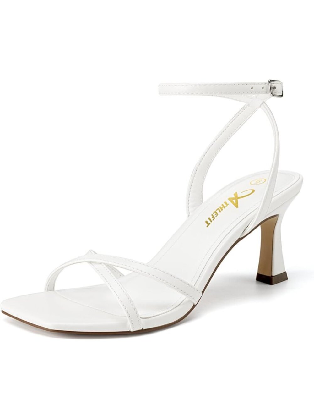 Women's White Kitten Heels Square Open Toe Strappy High Heels 2.75" Ankle Strap